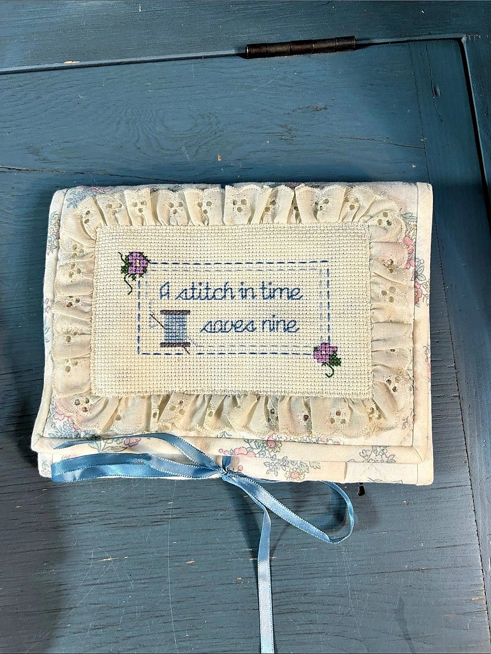 Handmade Floral Needlework Hanging Organizer Pink & Cream